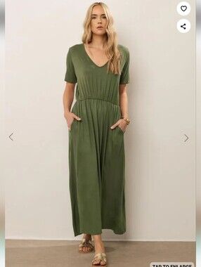 Long Tall Sally "Khaki Green" Cotton Maxi Tshirt Dress With Pockets Size 10 NWT